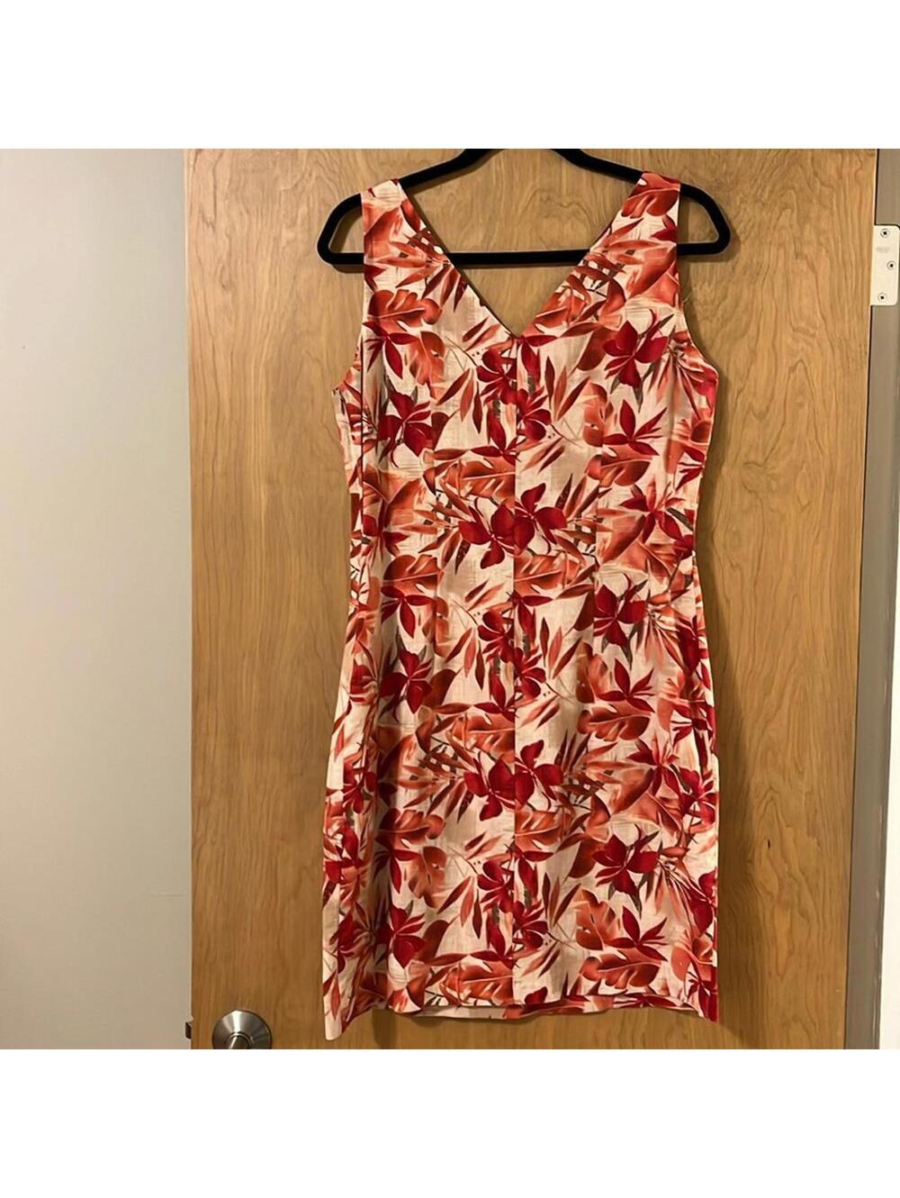 Studio Ease Linen Blend Tropical‎ Floral Shift Dress Coral Red Size 10